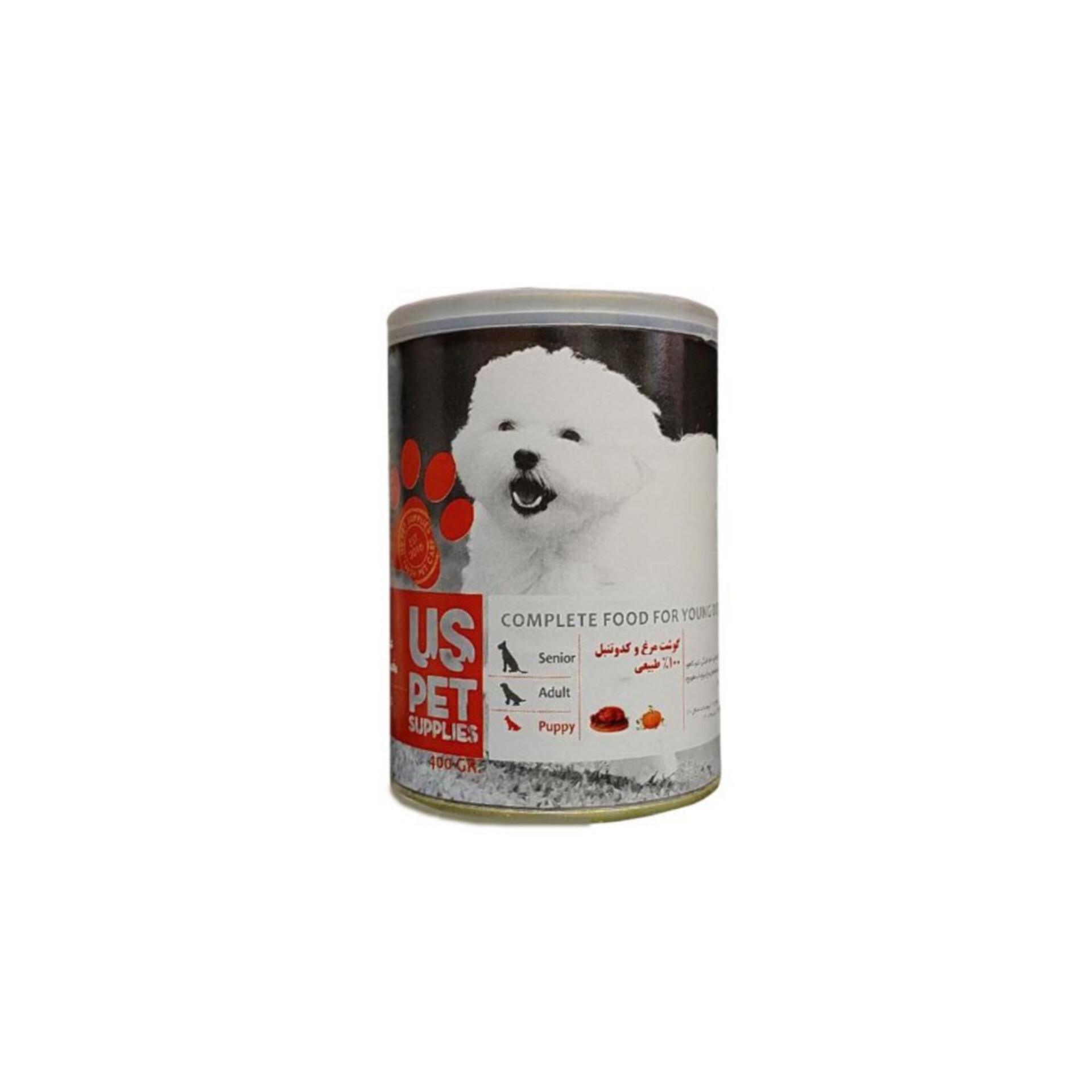 کنسرو سگ پاپی با طعم گوشت و مرغ و کدوتنبل 400 گرمی us pet